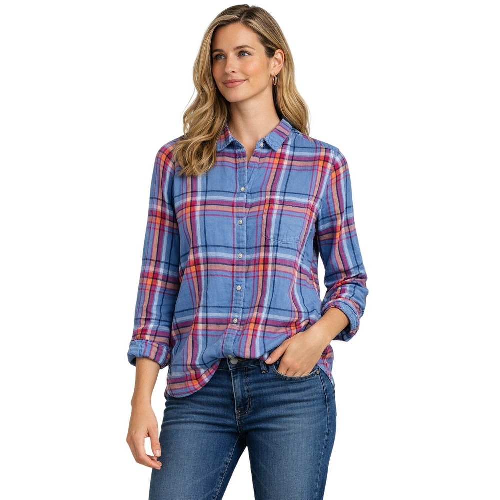 Lucky Brand Flannel Button Down Womens Sz. Small Blue Pink Plaid L/Sleeve Shirt‎